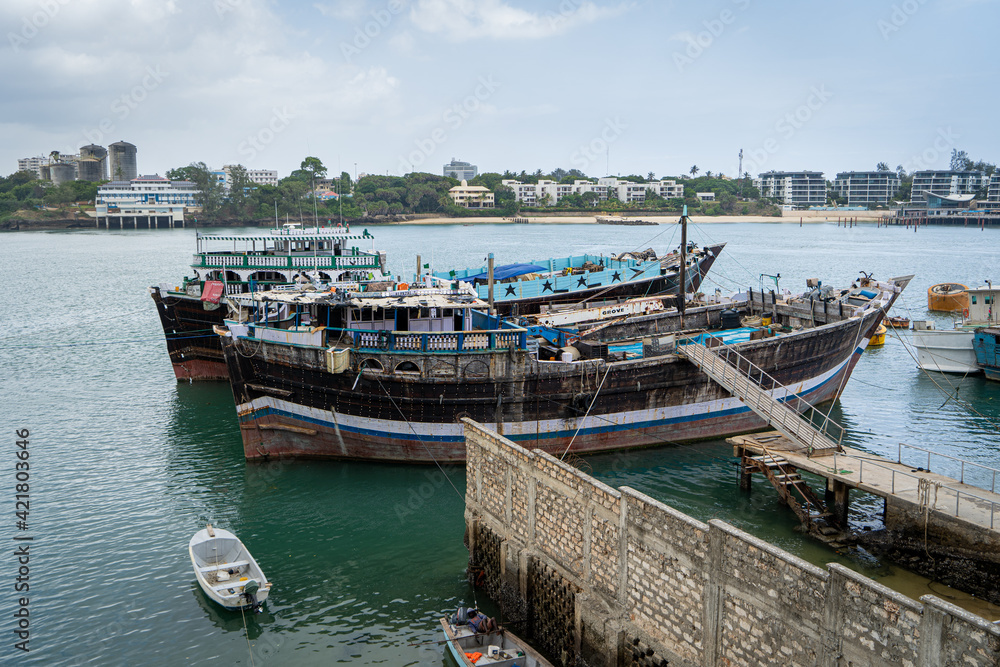 Original boats for the transport of African slaves in the port of Momasa, Kenya, Africa