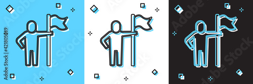 Set Man holding flag icon isolated on blue and white, black background. Victory, winning and conquer adversity concept. Vector