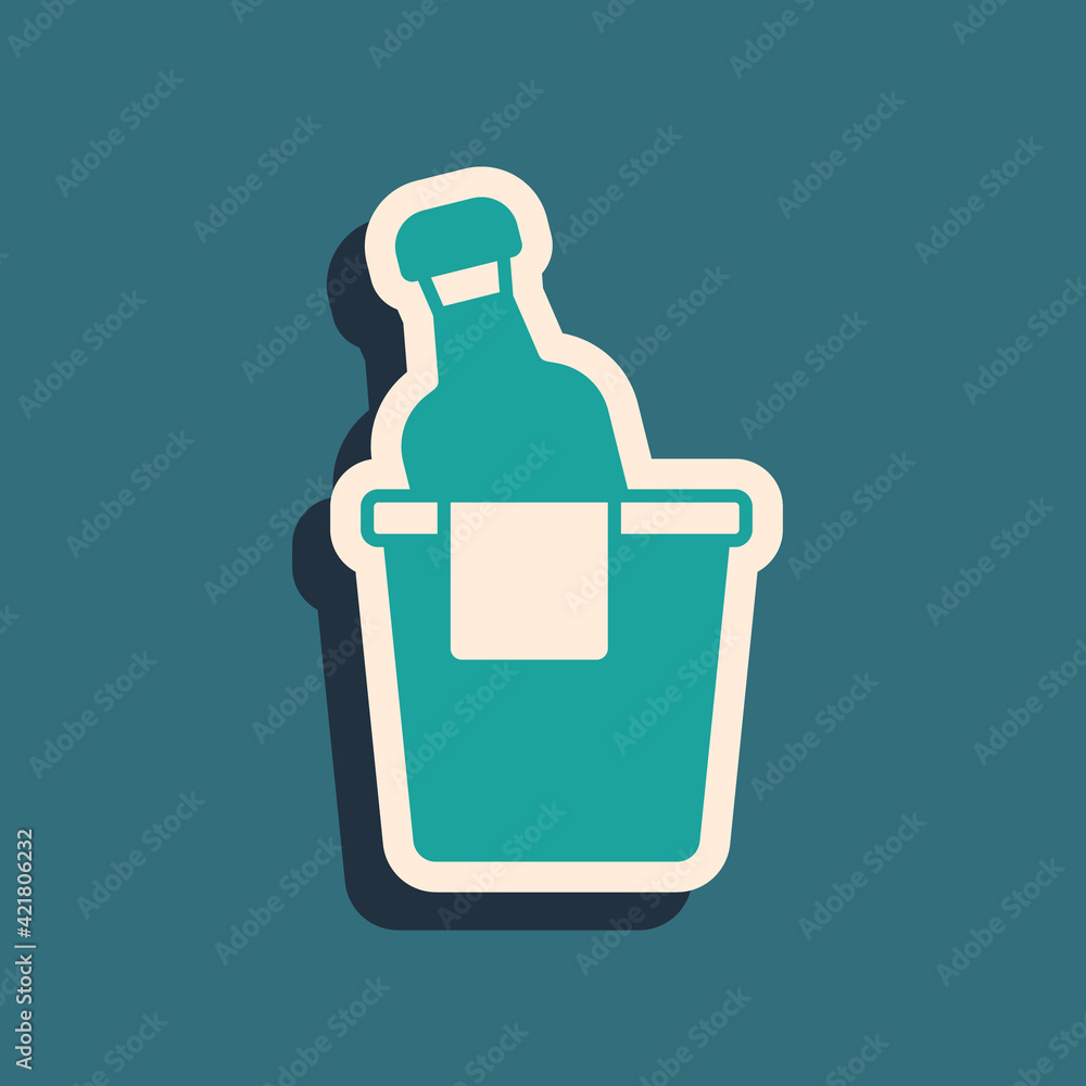 Green Bottle of champagne in an ice bucket icon isolated on green background. Long shadow style. Vector Green Bottle of champagne in an ice bucket icon isolated on green background. Long shadow style. Vector