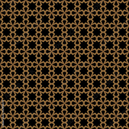 Seamless of morocco style pattern. Design geometric stars of gold on black background. Design print for illustration, texture, wallpaper, background.