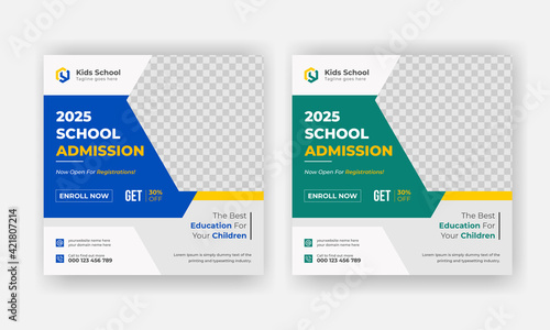 Kids School social media banner, School Students Admission social media post, Back to School admission by social media post banner template Design.	

