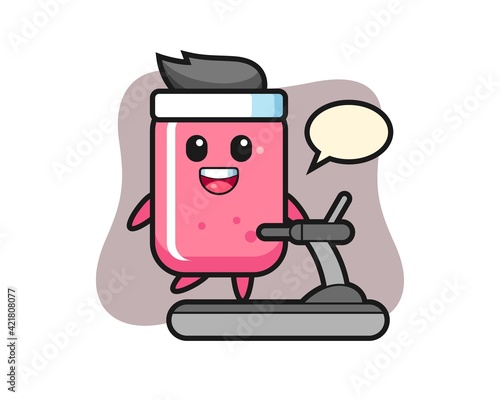 Bubble gum cartoon character walking on the treadmill