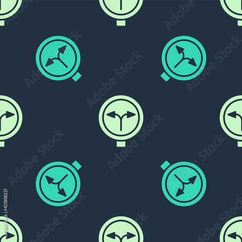Green and beige Fork in the road icon isolated seamless pattern on blue background. Vector