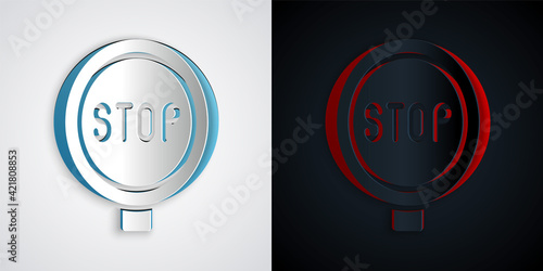 Paper cut Stop sign icon isolated on grey and black background. Traffic regulatory warning stop symbol. Paper art style. Vector