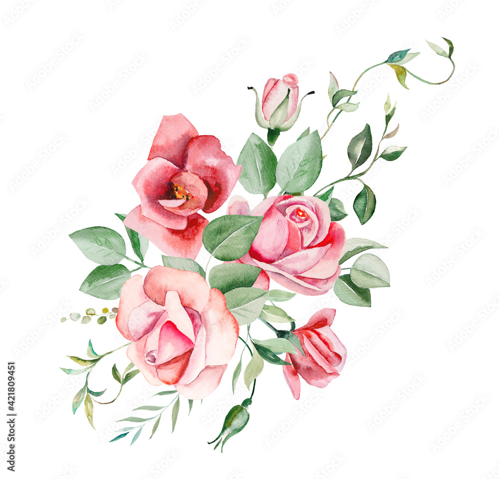 Watercolor pink flowers and leaves frame illustration Watercolor pink flowers and leaves frame illustration