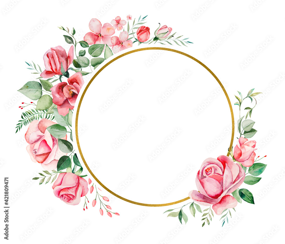 Watercolor pink flowers and leaves frame illustration