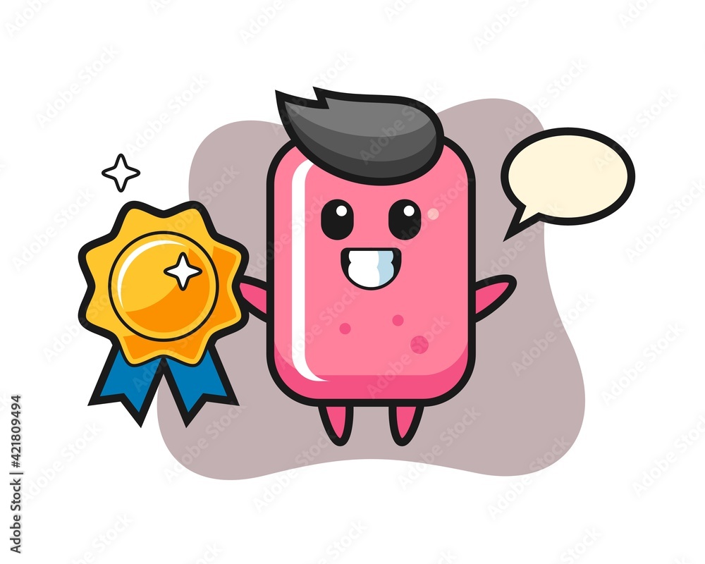 Bubble gum mascot illustration holding a golden badge