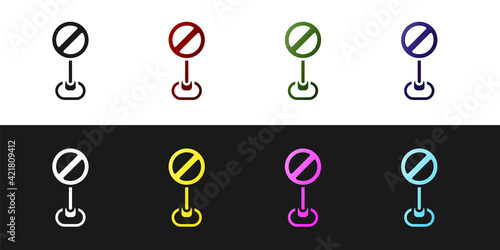 Set Stop sign icon isolated on black and white background. Traffic regulatory warning stop symbol. Vector
