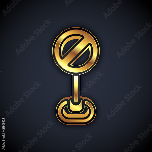 Gold Stop sign icon isolated on black background. Traffic regulatory warning stop symbol. Vector