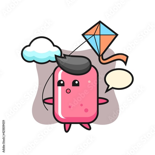 Bubble gum mascot illustration is playing kite