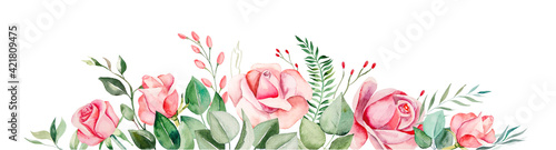 Watercolor pink flowers and leaves border illustration
