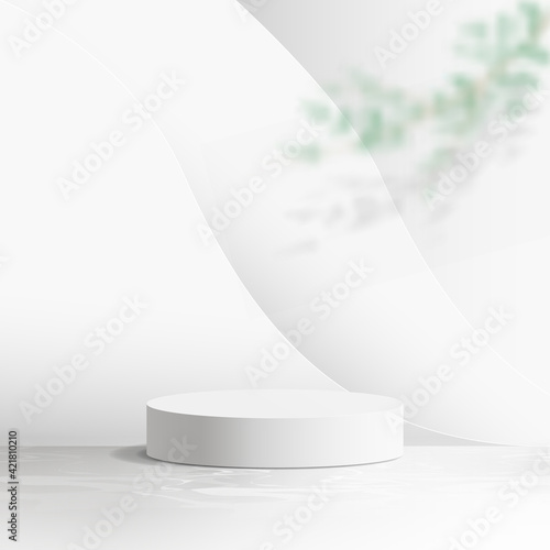 White product display mock up with Tree branch and Abstract smooth wavy backdrop. 3d podium. Vector illustration