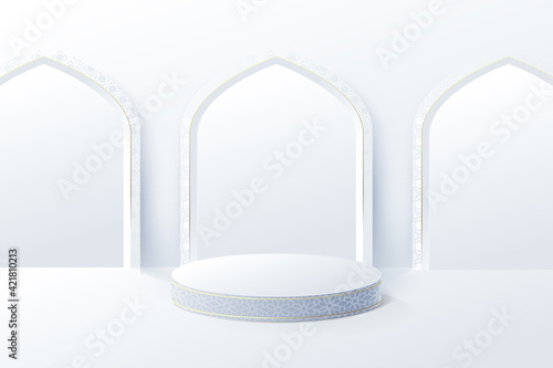 White product display mock up with Islamic interior mosque door. 3d podium. Ramadan, eid fitr adha, mawlid concept. Vector illustration