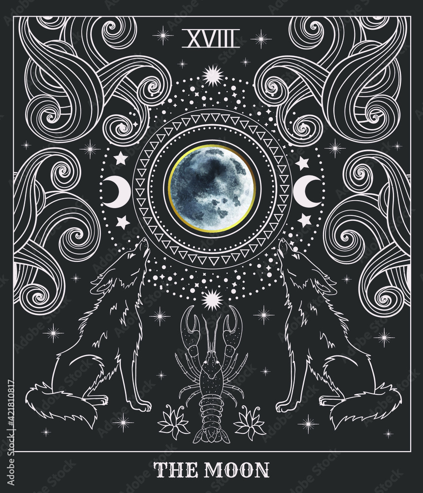 tarot card moon, wolves howl at the moon, black and white color, Occult