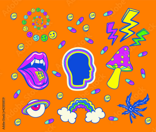 psychedelic trip symbols: LSD, weed, fly agaric mushroom, eyeball, rainbow, drugs