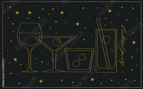 set of different glasses for cocktails drinks, black and gold poster