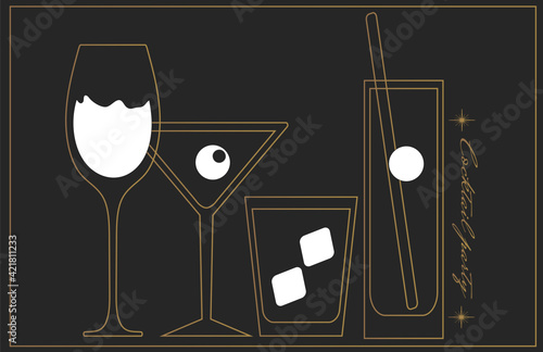 set of different glasses for cocktails drinks, black and gold poster
