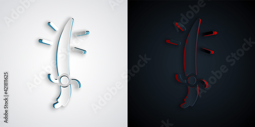 Paper cut Arabian saber icon isolated on grey and black background. Paper art style. Vector