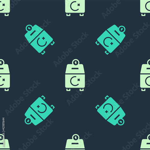 Green and beige Donate or pay your zakat as muslim obligatory icon isolated seamless pattern on blue background. Muslim charity or alms in ramadan kareem before eid al-fir. Vector