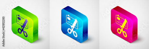 Isometric Scissors cutting a credit card icon isolated on grey background. Online payment. Cash withdrawal. Financial operations. Shopping sign. Square button. Vector