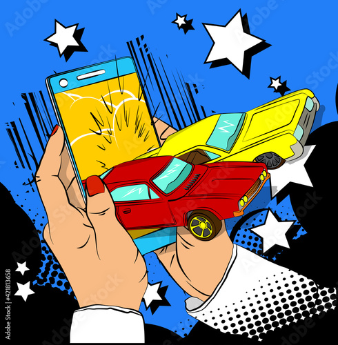 Auto rental, online sale, purchase, carsharing concept. Comic book style vector cartoon illustration. Car realtor advertising on the internet.