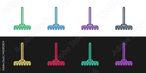 Set line Garden rake icon isolated on black and white background. Tool for horticulture, agriculture, farming. Ground cultivator. Housekeeping equipment. Vector