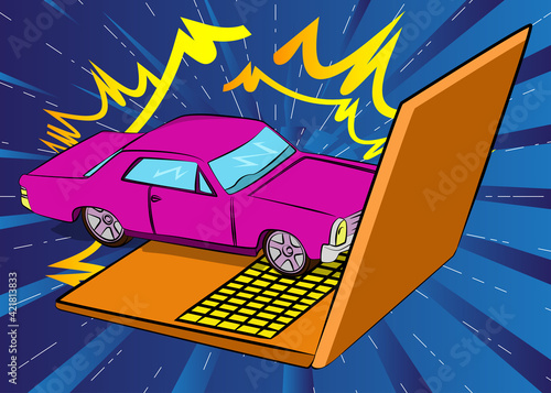 Auto rental, online sale, purchase, carsharing concept. Comic book style vector cartoon illustration. Car realtor advertising on the internet.