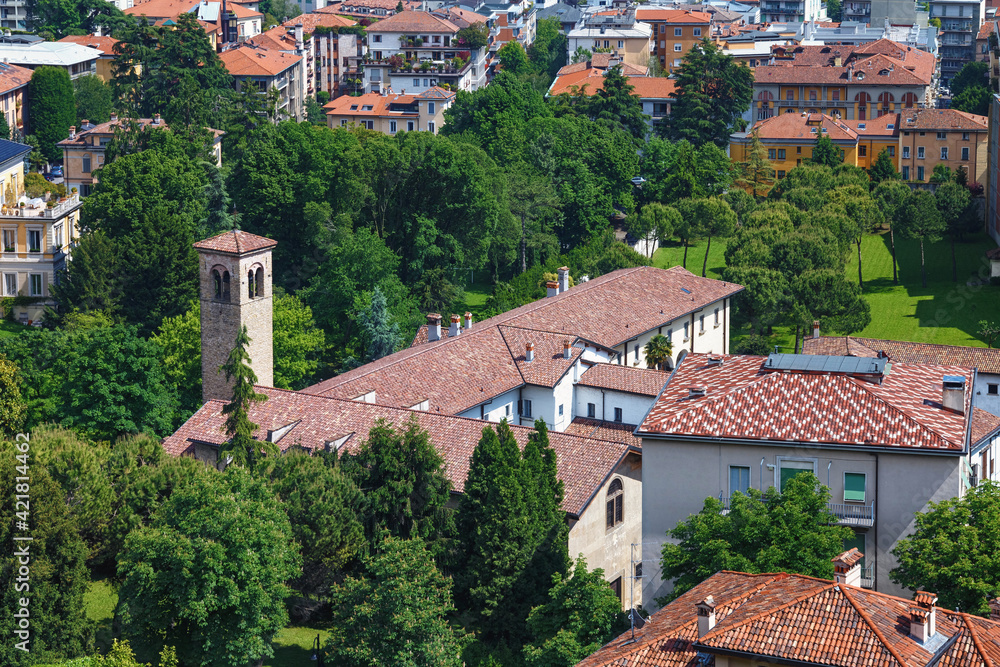 View of the historical buildings in the Bergamo in northern Italy. Bergamo is a city in the Lombardy region.