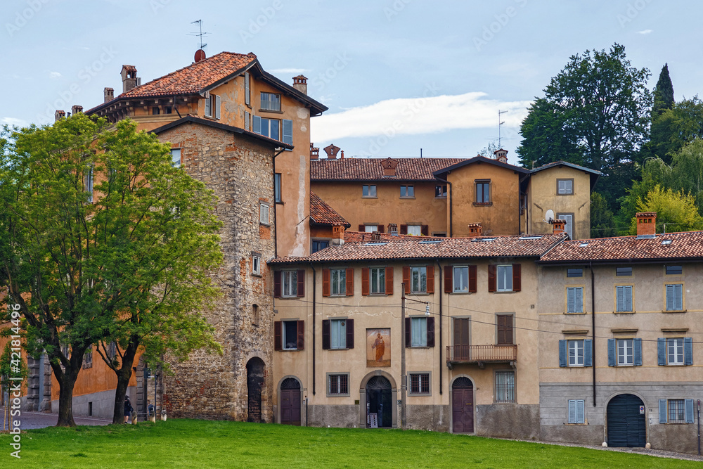 View of the old residential historical buildings in Upper Bergamo (Citta Alta). Italy.