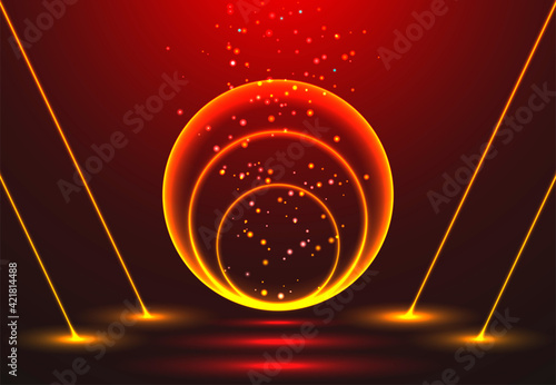 Bright circles and lines on a dark red background.