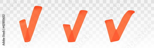 Orange highlighter check mark set isolated on transparent background. Marker pen highlight underline strokes. Vector hand drawn graphic stylish element