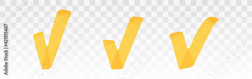 Orange highlighter check mark set isolated on transparent background. Marker pen highlight underline strokes. Vector hand drawn graphic stylish element