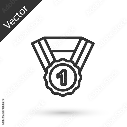 Grey line Dog award symbol icon isolated on white background. Medal with dog footprint as pets exhibition winner concept. Vector