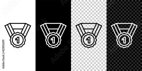 Set line Dog award symbol icon isolated on black and white, transparent background. Medal with dog footprint as pets exhibition winner concept. Vector
