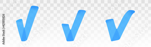 Blue highlighter check mark set isolated on transparent background. Marker pen highlight underline strokes. Vector hand drawn graphic stylish element