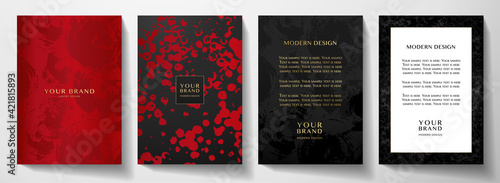 Modern red, black cover, frame design set. Creative abstract art pattern with brush stroke on background. Luxe grunge artistic vector collection for party flyer, catalog, brochure, menu template