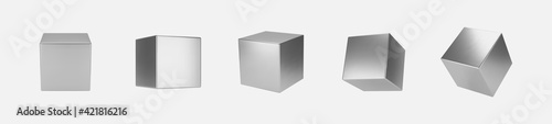 3d silver metal cubes set isolated on light background. Render a rotating chrome steel box with different angles in perspective with lighting and shadow. Realistic vector geometric shapes