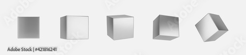 3d silver metal cubes set isolated on light background. Render a rotating chrome steel box with different angles in perspective with lighting and shadow. Realistic vector geometric shapes