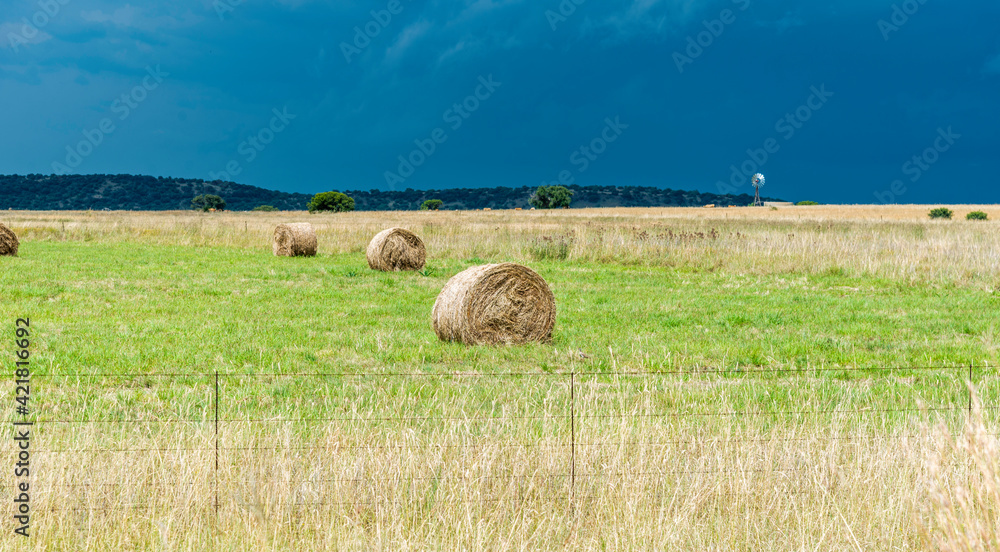 An overcast sky near Kroonstad, Free State, South Africa.  Hay bales in the foreground.