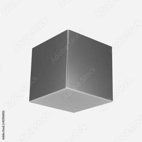 3d silver metal cube isolated on light background. Render a rotating chrome steel box in perspective with lighting and shadow. Realistic vector geometric shape