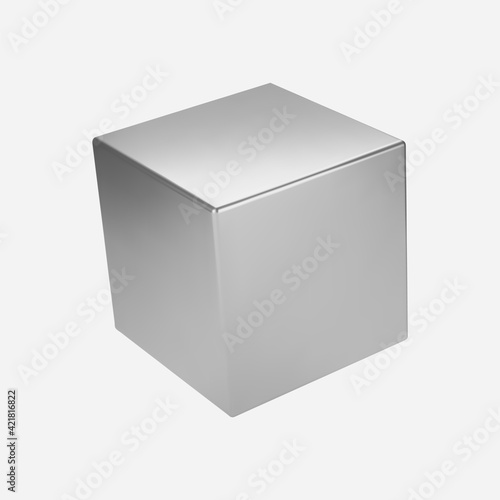3d silver metal cube isolated on light background. Render a rotating chrome steel box in perspective with lighting and shadow. Realistic vector geometric shape
