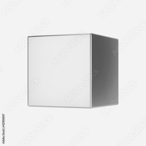 3d silver metal cube isolated on light background. Render a rotating chrome steel box in perspective with lighting and shadow. Realistic vector geometric shape