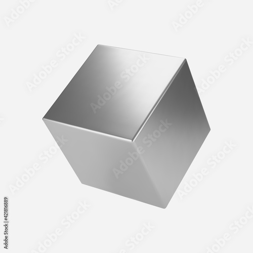 3d silver metal cube isolated on light background. Render a rotating chrome steel box in perspective with lighting and shadow. Realistic vector geometric shape