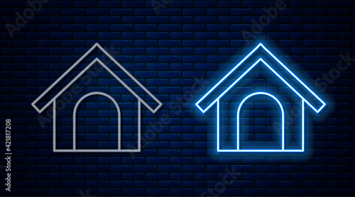 Glowing neon line Dog house icon isolated on brick wall background. Dog kennel. Vector