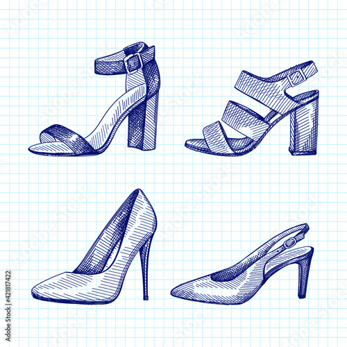 Hand-drawn set of women shoes. Block Heels, stiletto, Open Toe Sandals, Slingback medium heel, Wedge  Loafers.
