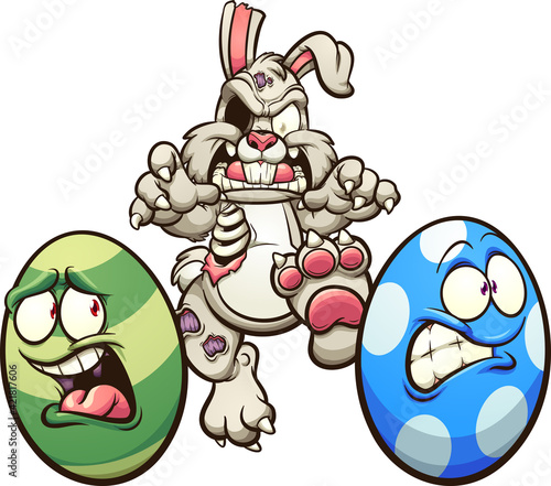 Zombie Easter rabbit chasing eggs. Vector clip art illustration with simple gradients. Some elements on separate layers.
