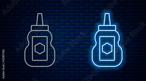 Glowing neon line Jar of honey icon isolated on brick wall background. Food bank. Sweet natural food symbol. Vector