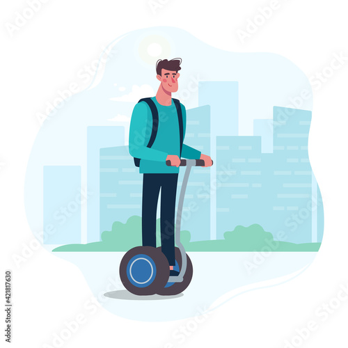 The guy rides on a modern gyro board. Eco-friendly alternative transport. Vector illustration of a man in a flat style on the background of the city.