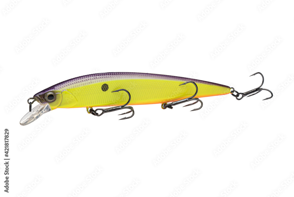Wobbler with hooks for fishing as bait for fish, which is used for spinning. Fishing tackle for a fisherman. Wobbler with hooks for fishing as bait for fish, which is used for spinning. Fishing tackle for a fisherman.