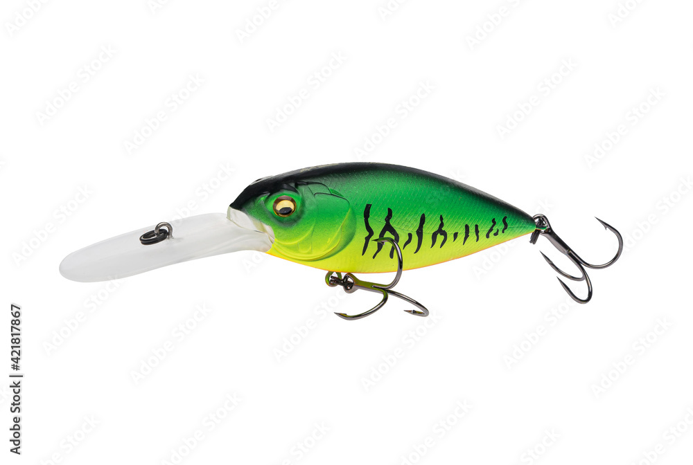 Wobbler with hooks for fishing as bait for fish, which is used for spinning. Fishing tackle for a fisherman. Wobbler with hooks for fishing as bait for fish, which is used for spinning. Fishing tackle for a fisherman.